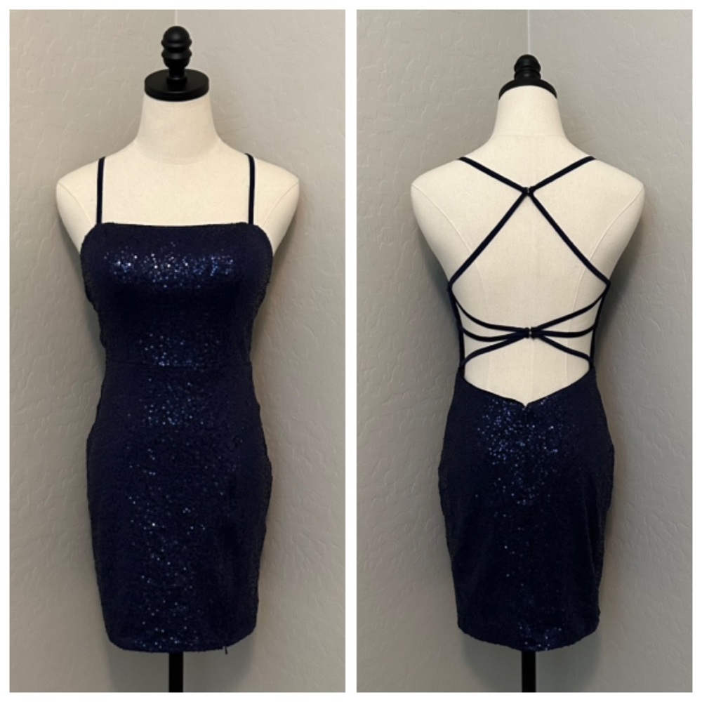 NEW ALYCE PARIS SZ 2 NAVY BLUE SEQUIN FORMAL COCKTAIL DRESS📌